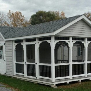 12 x 24 Pool house with gable dormer, screened porch and 9 lite fiberglass double door