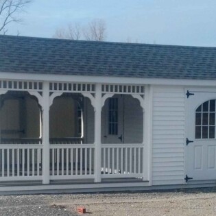 12x24 Pool House, Screen Porch, 9lite arched glass doors, maintainence free design. Colors - white, white, pewter shingles modified