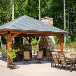 16x20 Cheyenne; Jarrah Brown; Williamsburg Slate; Dk. Bronze Gutters; Fireplace